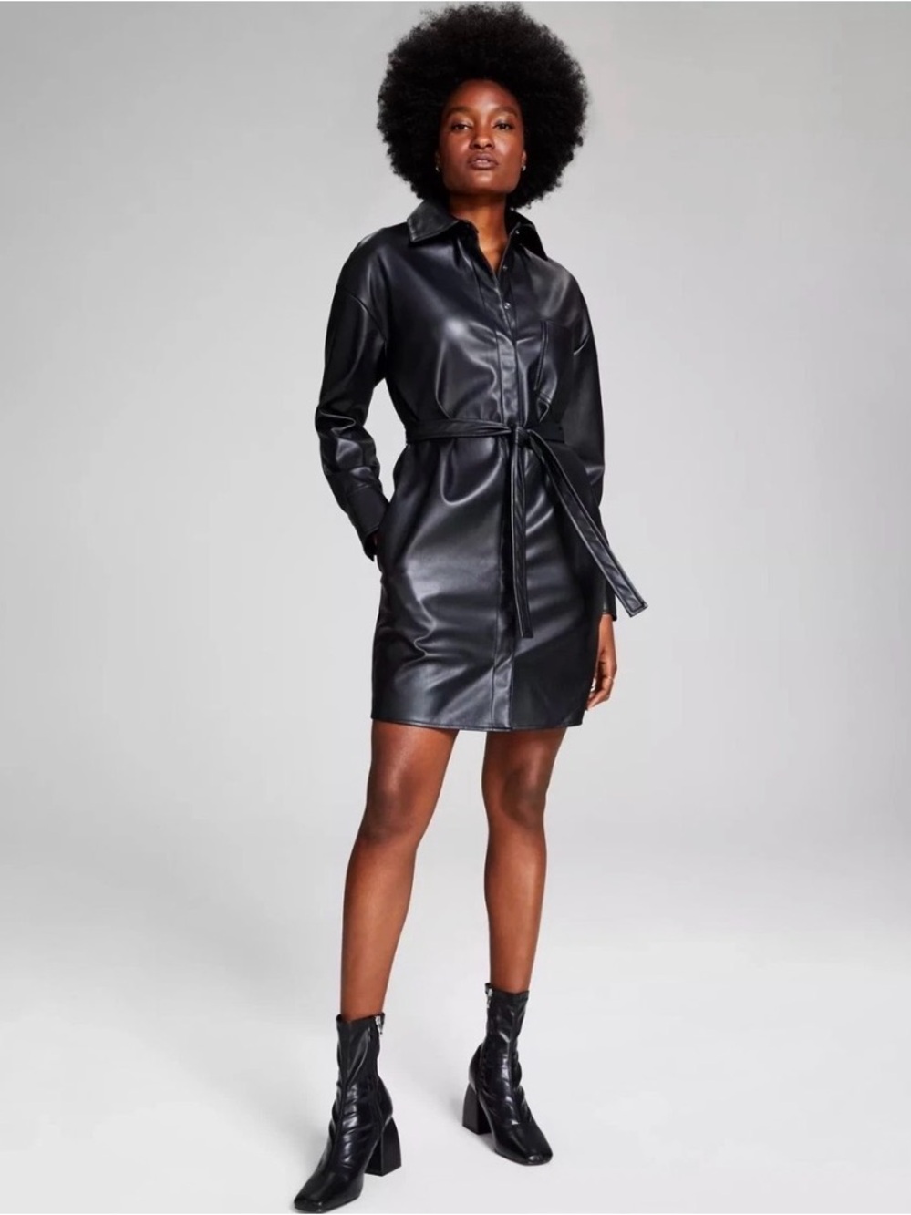 Black Faux Leather Belted Shirt Dress - Women